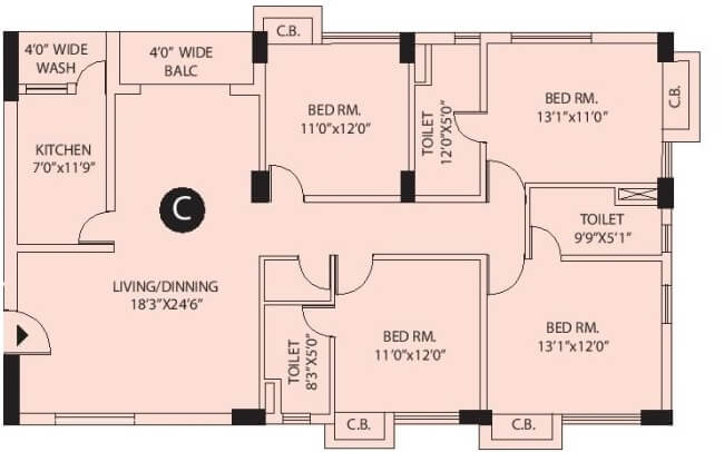 Floor plan of 4 BHK 2185 Sq. Ft. Apartment in Arya Park Imperial, Kolkata