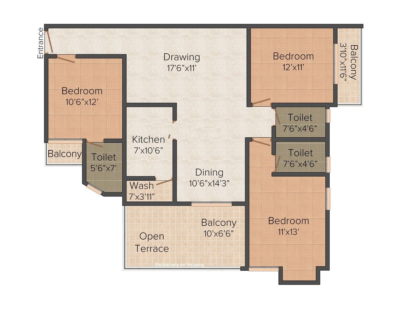 Floor plan of 3 BHK 1791 Sq. Ft. Apartment in Arya Rajwada Sky, Kolkata