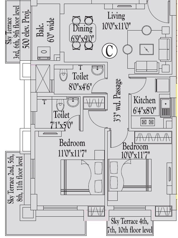 Floor plan of 2 BHK 1083 Sq. Ft. Apartment in Ascon Era, Kolkata