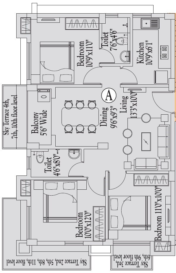 Floor plan of 3 BHK 1146 Sq. Ft. Apartment in Ascon Era, Kolkata