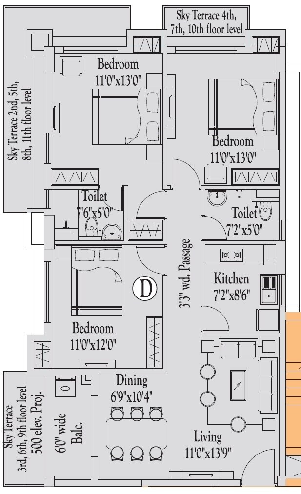 Floor plan of 3 BHK 1360 Sq. Ft. Apartment in Ascon Era, Kolkata