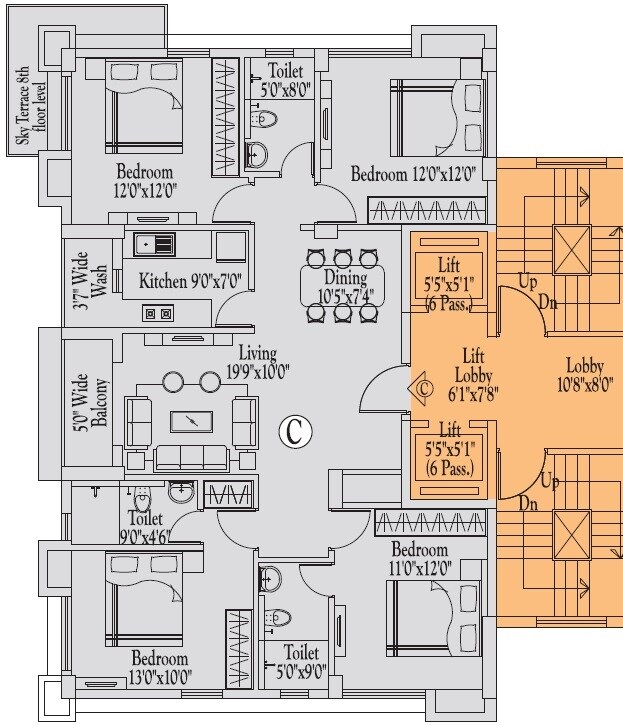Floor plan of 4 BHK 1755 Sq. Ft. Apartment in Ascon Era, Kolkata