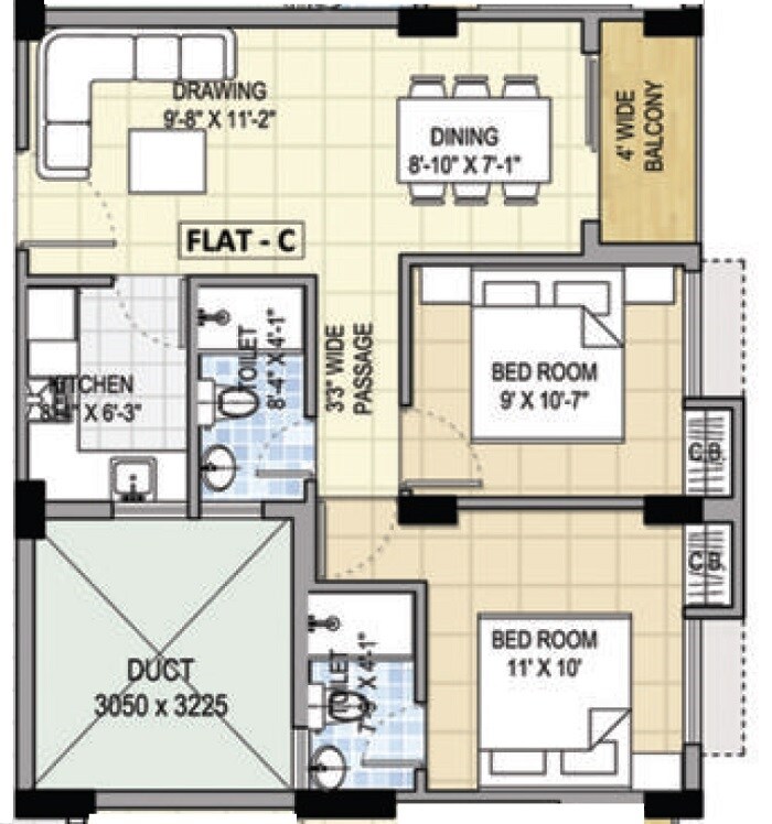 Floor plan of 2 BHK 917 Sq. Ft. Apartment in Aster Shree Gardens, Kolkata