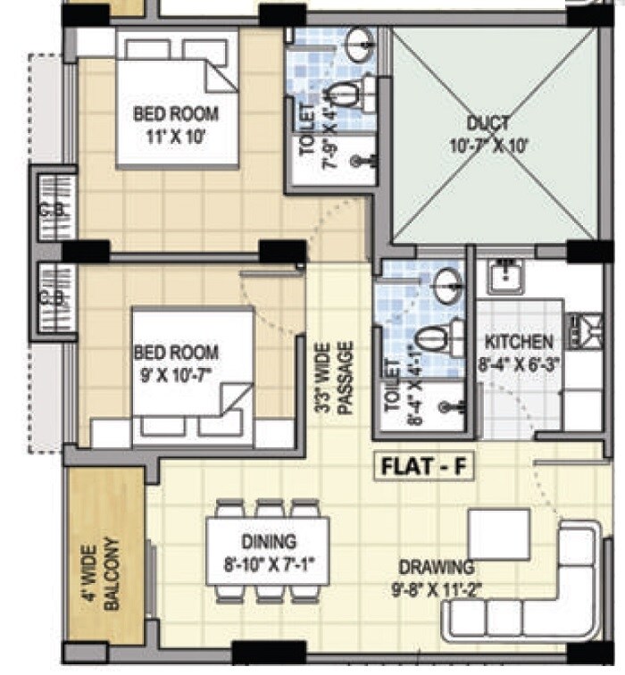 Floor plan of 2 BHK 937 Sq. Ft. Apartment in Aster Shree Gardens, Kolkata