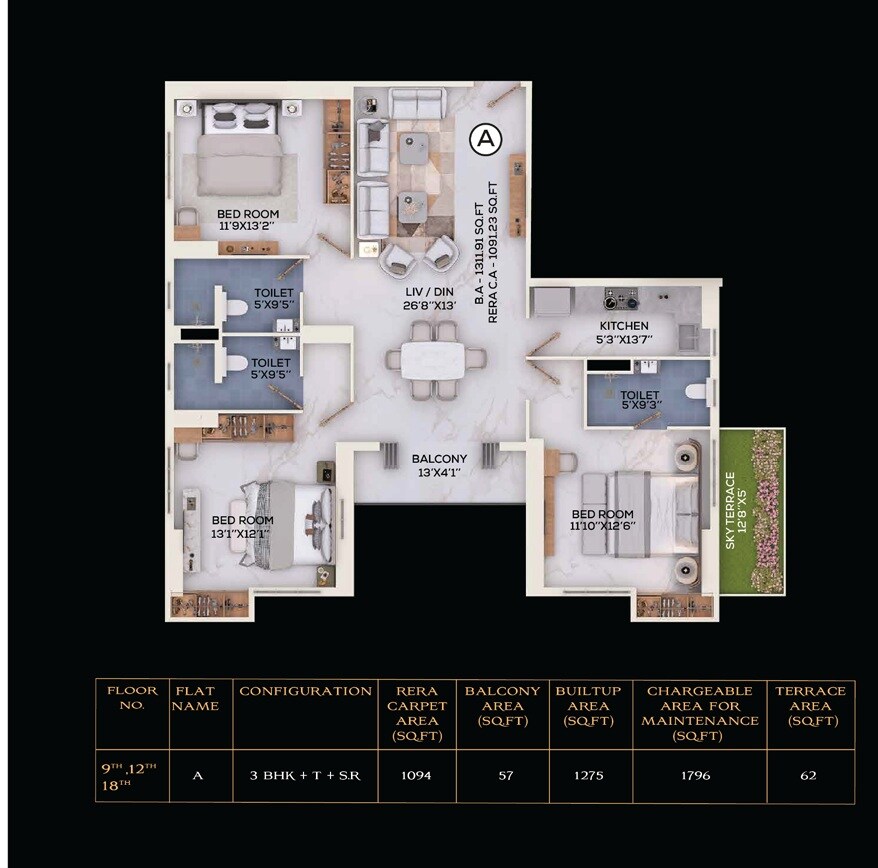 Floor plan of 3 BHK 1796 Sq. Ft. Apartment in ATK The Burj, Kolkata