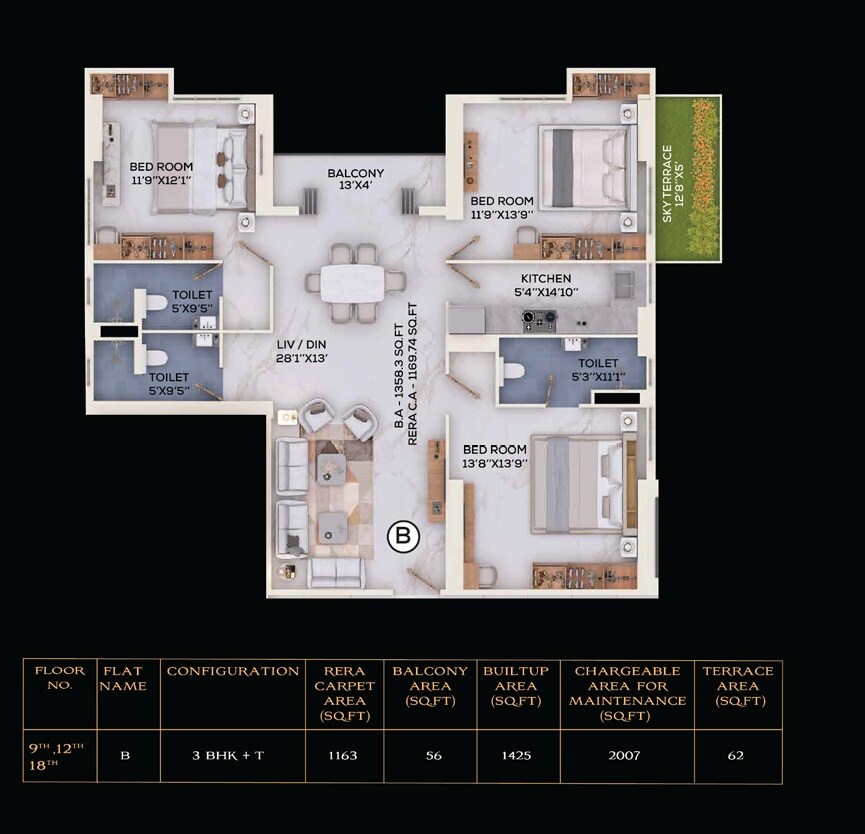 Floor plan of 3 BHK 2007 Sq. Ft. Apartment in ATK The Burj, Kolkata