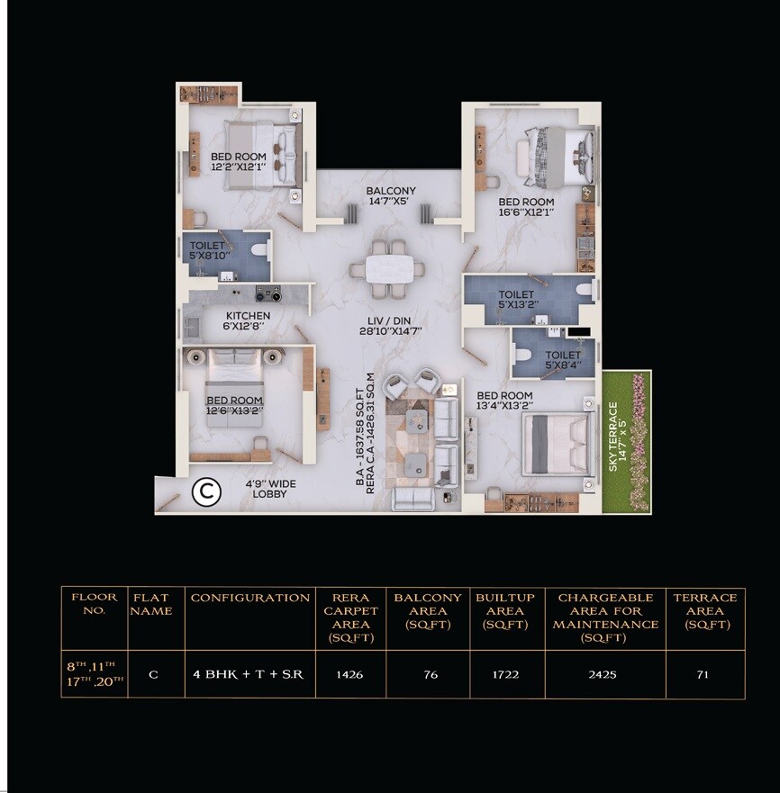Floor plan of 4 BHK 2425 Sq. Ft. Apartment in ATK The Burj, Kolkata