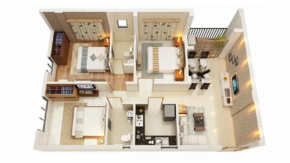 Floor plan of 3 BHK 1212 Sq. Ft. Apartment in Bagaria Pravesh, Kolkata
