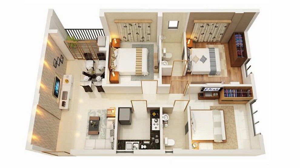 Floor plan of 3 BHK 977 Sq. Ft. Apartment in Bagaria Pravesh, Kolkata