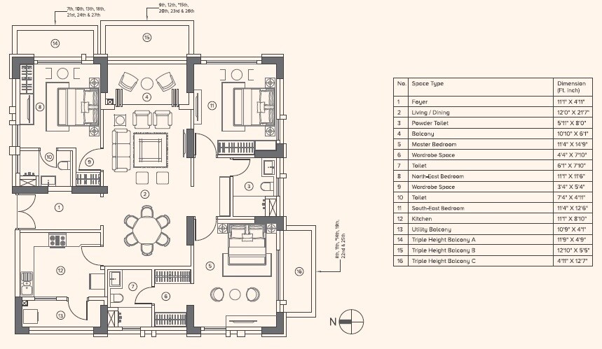 Floor plan of 3 BHK 1527 Sq. Ft. Apartment in Belani Sanctuary, Kolkata