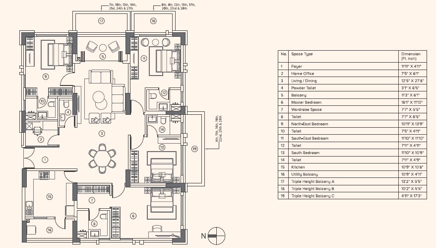 Floor plan of 4 BHK 1928 Sq. Ft. Apartment in Belani Sanctuary, Kolkata
