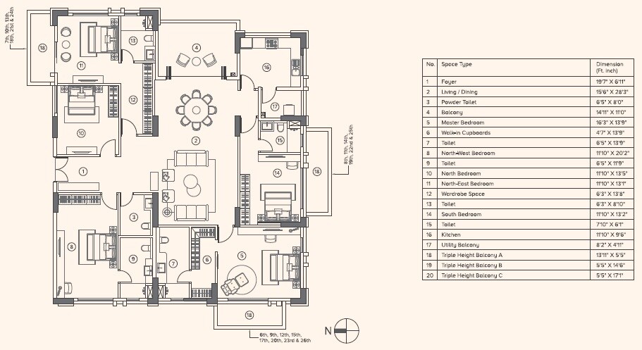 Floor plan of 5 BHK 2836 Sq. Ft. Apartment in Belani Sanctuary, Kolkata