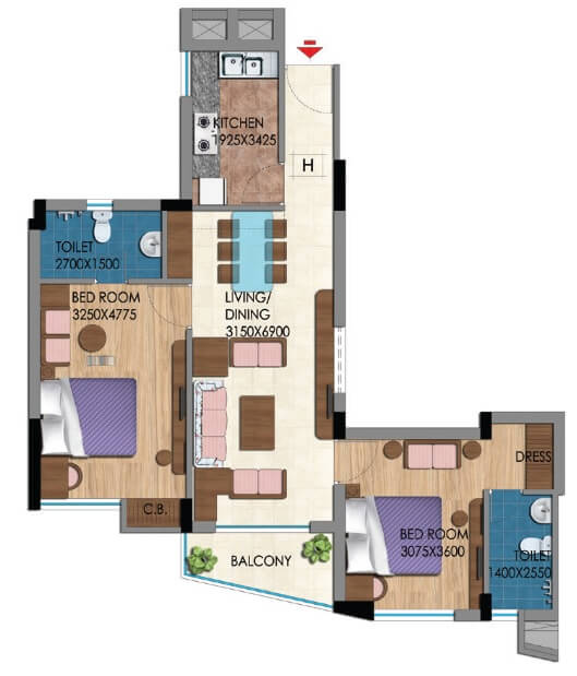 Floor plan of 2 BHK 1242 Sq. Ft. Apartment in Belani Zest, Kolkata