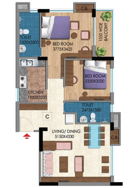 Floor plan of 2 BHK 1262 Sq. Ft. Apartment in Belani Zest, Kolkata