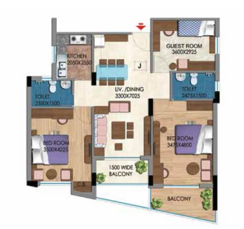 Floor plan of 3 BHK 1497 Sq. Ft. Apartment in Belani Zest, Kolkata