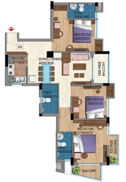 Floor plan of 3 BHK 1541 Sq. Ft. Apartment in Belani Zest, Kolkata