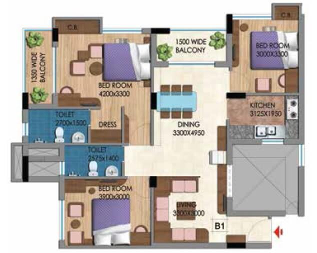 Floor plan of 3 BHK 1566 Sq. Ft. Apartment in Belani Zest, Kolkata