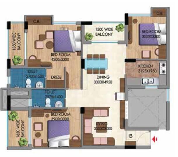 Floor plan of 3 BHK 1641 Sq. Ft. Apartment in Belani Zest, Kolkata