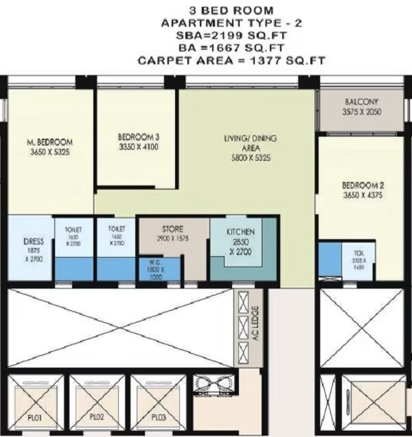 Floor plan of 3 BHK 2199 Sq. Ft. Apartment in Bengal Urbana Apartments, Kolkata