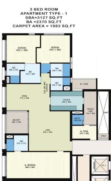 Floor plan of 3 BHK 3127 Sq. Ft. Apartment in Bengal Urbana Apartments, Kolkata