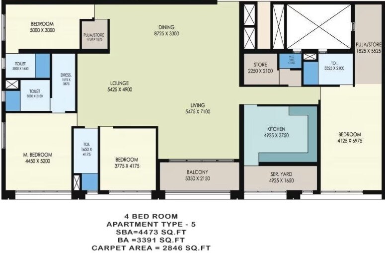 Floor plan of 4 BHK 4473 Sq. Ft. Apartment in Bengal Urbana Apartments, Kolkata