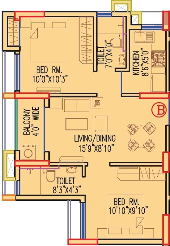 Floor plan of 2 BHK 793 Sq. Ft. Apartment in BG Bally Sky High, Kolkata