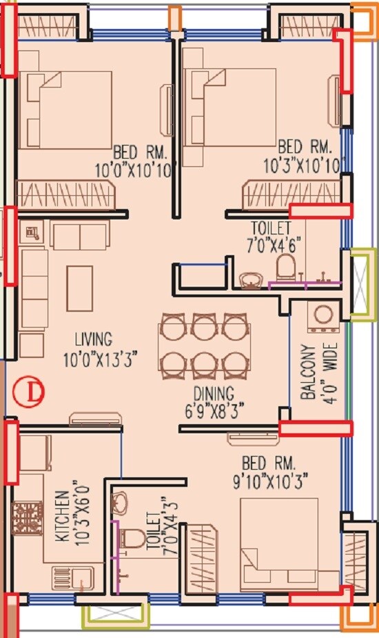 Floor plan of 3 BHK 1098 Sq. Ft. Apartment in BG Bally Sky High, Kolkata