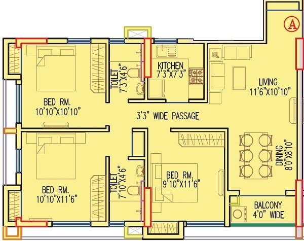 Floor plan of 3 BHK 1230 Sq. Ft. Apartment in BG Bally Sky High, Kolkata