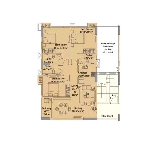 Floor plan of 3 BHK 1010 Sq. Ft. Apartment in BG La Convent, Kolkata