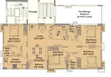 Floor plan of 4 BHK 1350 Sq. Ft. Apartment in BG La Convent, Kolkata