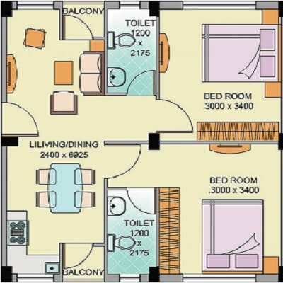 Floor plan of 2 BHK 932 Sq. Ft. Apartment in BGA Amrita Abashan II, Kolkata