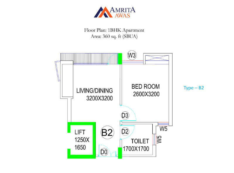 Floor plan of 1 BHK 360 Sq. Ft. Apartment in BGA Amrita Awas, Kolkata
