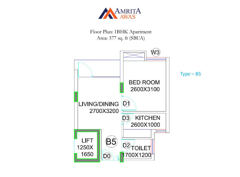 Floor plan of 1 BHK 377 Sq. Ft. Apartment in BGA Amrita Awas, Kolkata