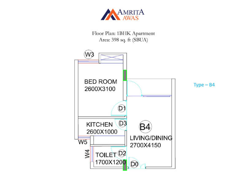 Floor plan of 1 BHK 398 Sq. Ft. Apartment in BGA Amrita Awas, Kolkata
