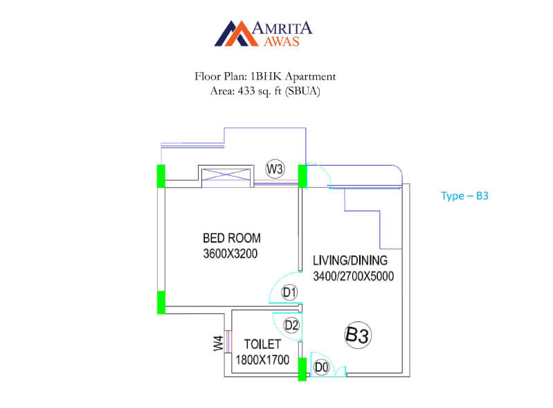 Floor plan of 1 BHK 433 Sq. Ft. Apartment in BGA Amrita Awas, Kolkata