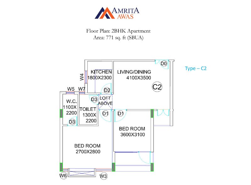 Floor plan of 2 BHK 771 Sq. Ft. Apartment in BGA Amrita Awas, Kolkata