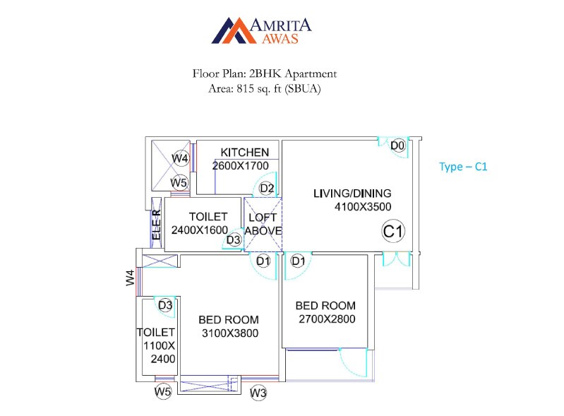 Floor plan of 2 BHK 815 Sq. Ft. Apartment in BGA Amrita Awas, Kolkata