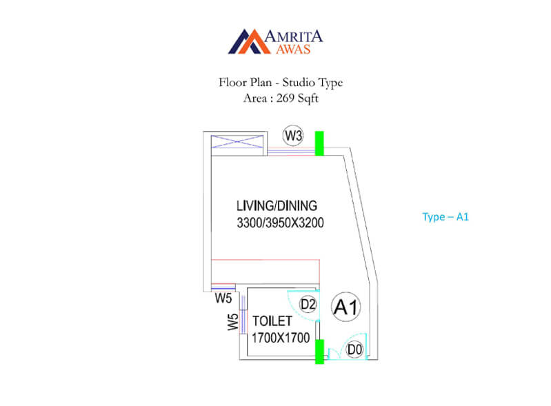 Floor plan of 269 Sq. Ft. Studio in BGA Amrita Awas, Kolkata
