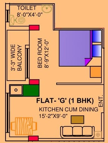 Floor plan of 1 BHK 464 Sq. Ft. Apartment in Cancun Canvas, Kolkata