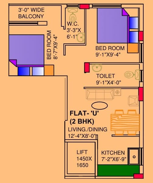 Floor plan of 2 BHK 676 Sq. Ft. Apartment in Cancun Canvas, Kolkata
