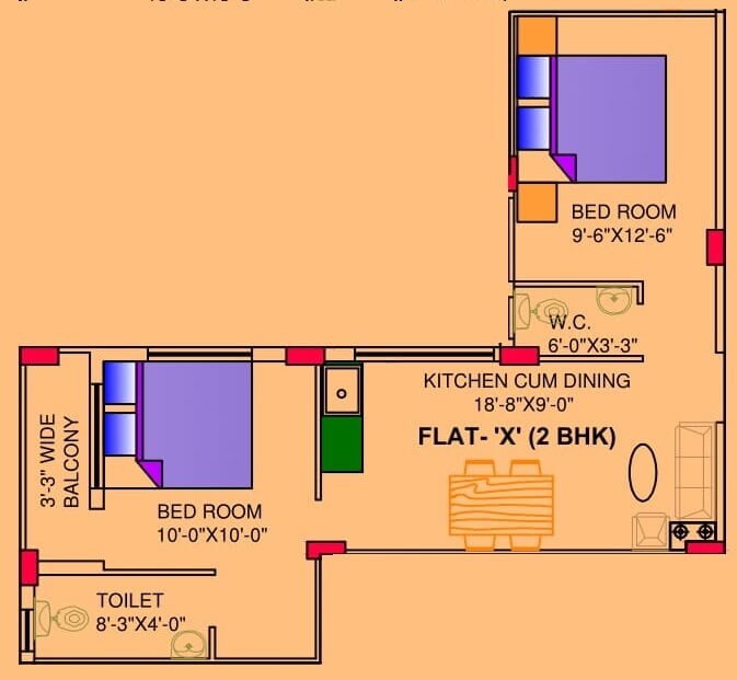 Floor plan of 2 BHK 780 Sq. Ft. Apartment in Cancun Canvas, Kolkata