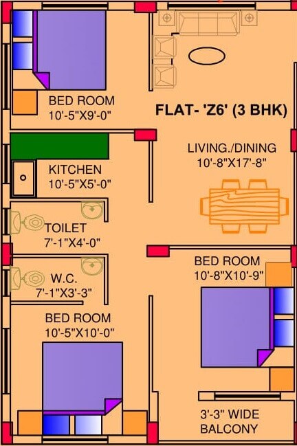 Floor plan of 3 BHK 1023 Sq. Ft. Apartment in Cancun Canvas, Kolkata