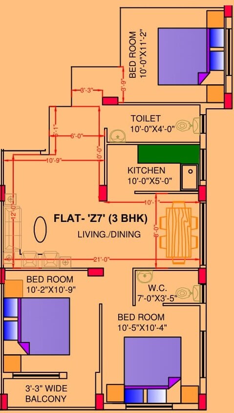 Floor plan of 3 BHK 1043 Sq. Ft. Apartment in Cancun Canvas, Kolkata
