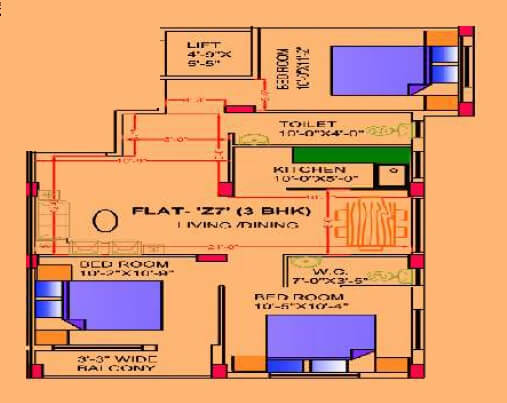 Floor plan of 3 BHK 1147 Sq. Ft. Apartment in Cancun Canvas, Kolkata