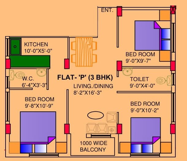Floor plan of 3 BHK 948 Sq. Ft. Apartment in Cancun Canvas, Kolkata