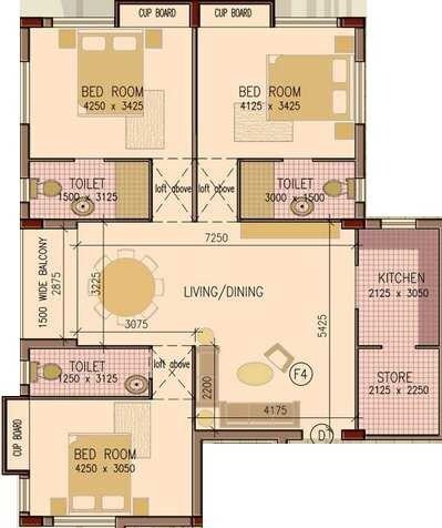 Floor plan of 3 BHK 1905 Sq. Ft. Apartment in Capricorn Royale, Kolkata