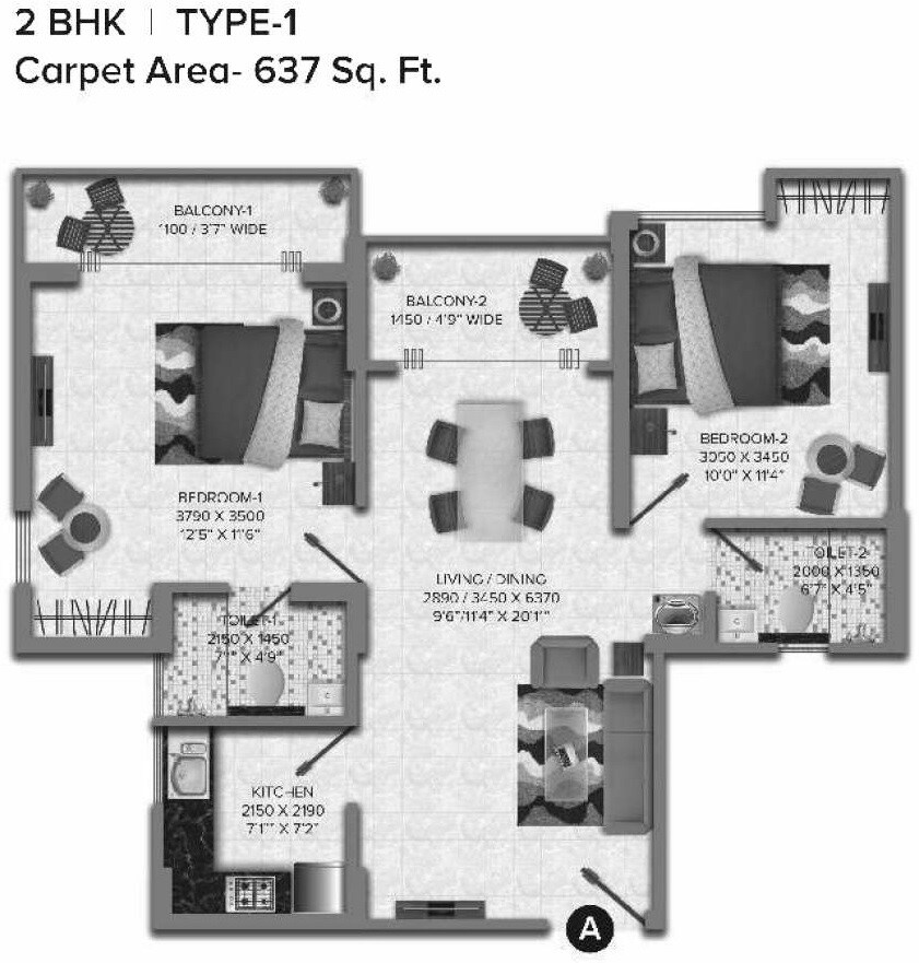 Floor plan of 2 BHK 637 Sq. Ft. Apartment in CGEWHO Housing Project Kolkata, Kolkata