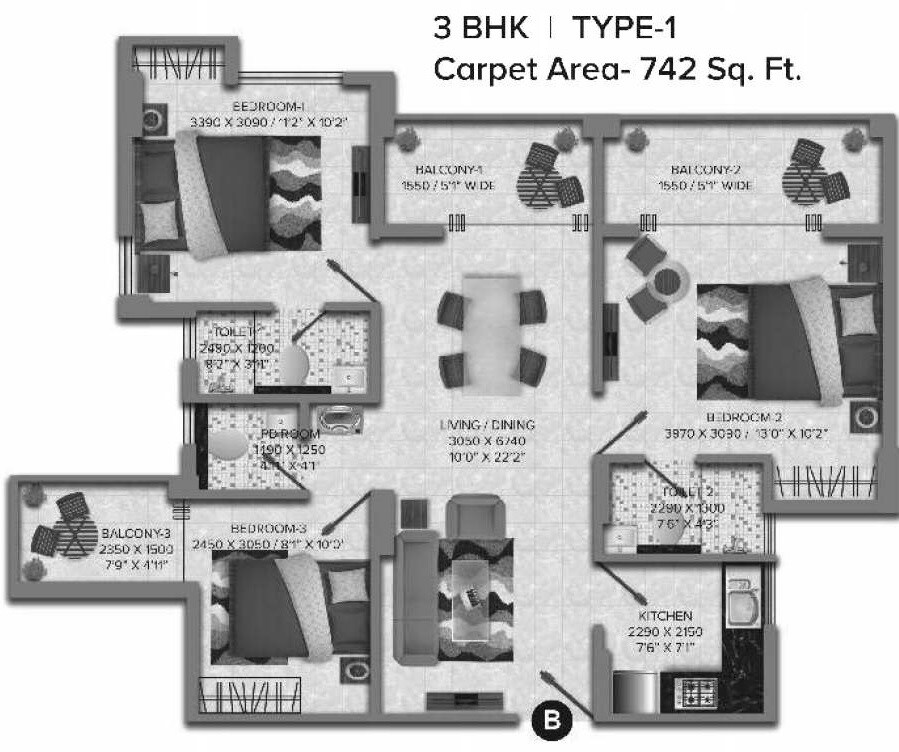 Floor plan of 3 BHK 742 Sq. Ft. Apartment in CGEWHO Housing Project Kolkata, Kolkata