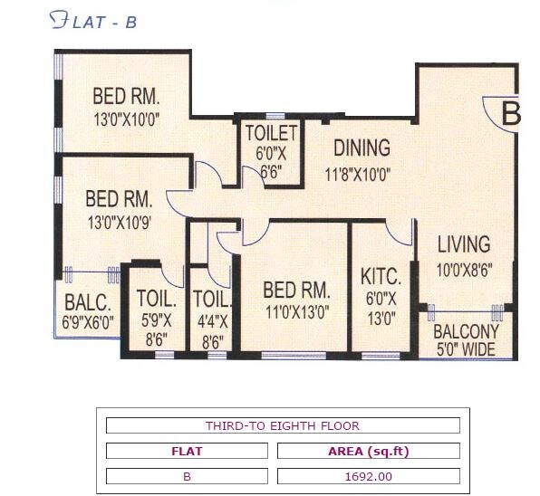 Floor plan of 3 BHK 1692 Sq. Ft. Apartment in Daffodil Divine Bliss, Kolkata