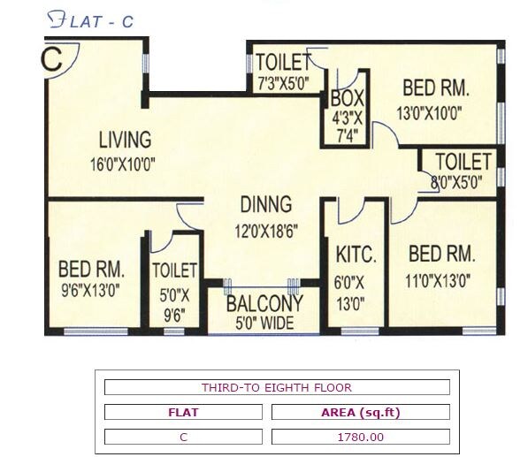 Floor plan of 3 BHK 1780 Sq. Ft. Apartment in Daffodil Divine Bliss, Kolkata